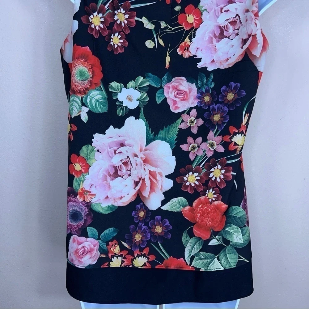 XS NEW YORK AND CO BLACK FLORAL SLEEVELESS BLOUSE LIGHTWEIGHT TOP COLORFUL